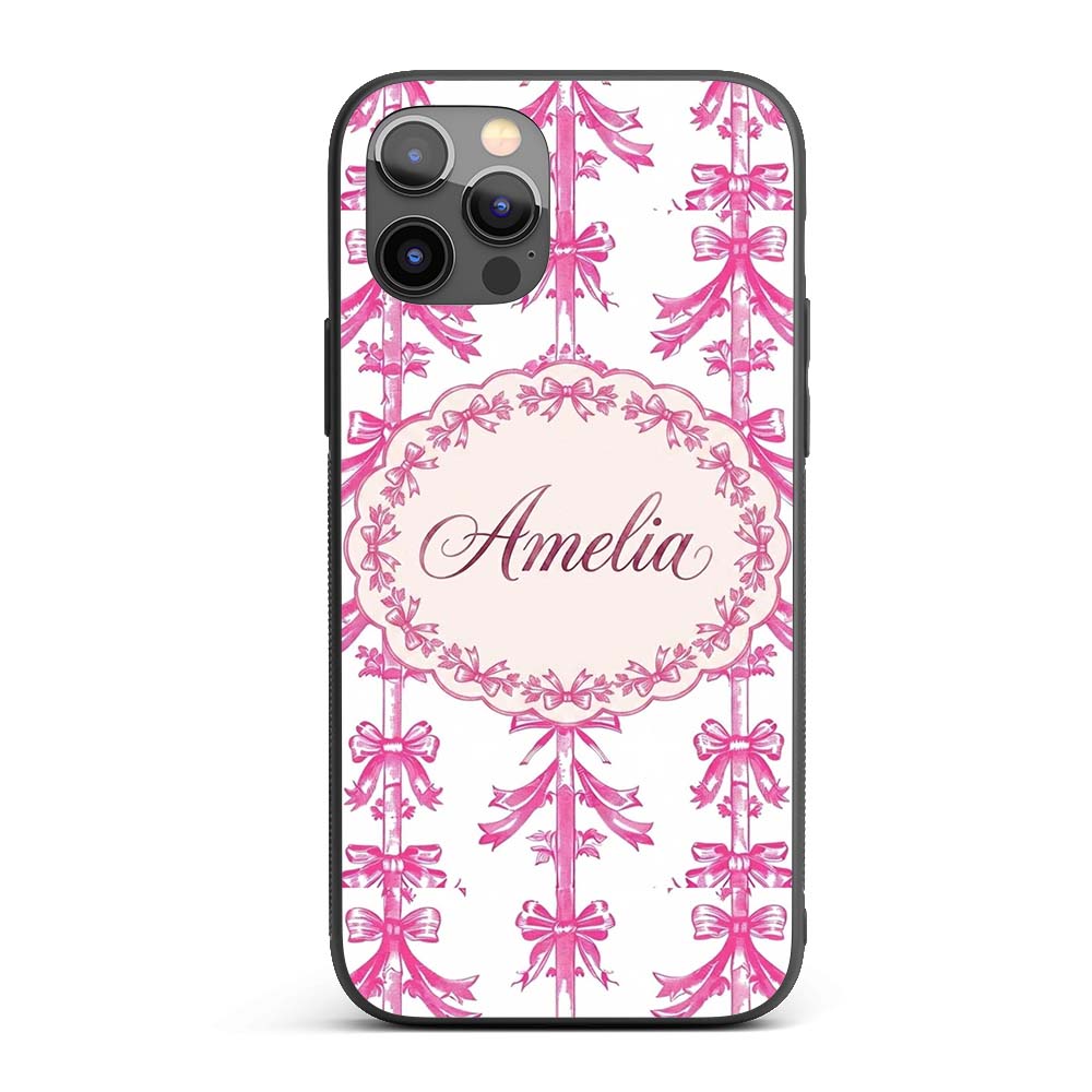 Elegant Pink Ribbon Bow Vertical Stripe Seamless Custom Name Protective Phone Case Mobile Cover Durable Everyday Smartphone Shock Resistant