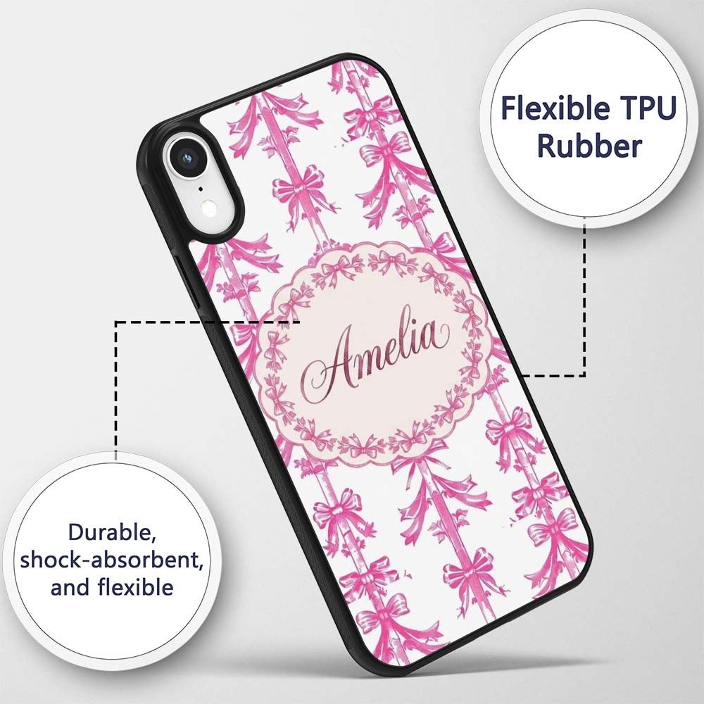 Elegant Pink Ribbon Bow Vertical Stripe Seamless Custom Name Protective Phone Case Mobile Cover Durable Everyday Smartphone Shock Resistant