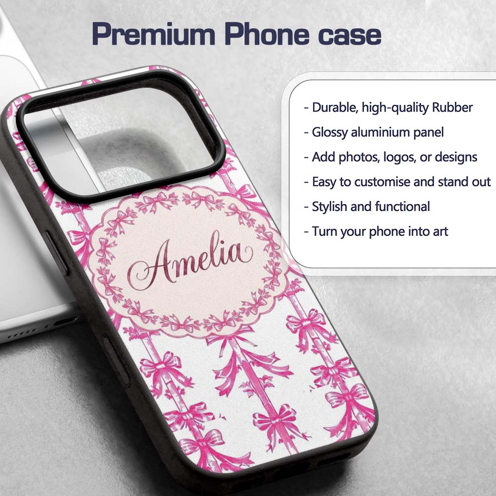 Elegant Pink Ribbon Bow Vertical Stripe Seamless Custom Name Protective Phone Case Mobile Cover Durable Everyday Smartphone Shock Resistant
