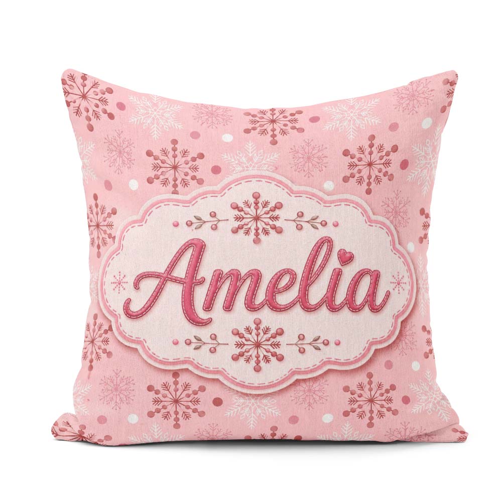 Custom Name Soft Pink Snowflake Dot Winter Seamless Pattern Cute Square Filled Cushion Throw Pillow Sofa Bed Home Decor Zip Washable UK Made