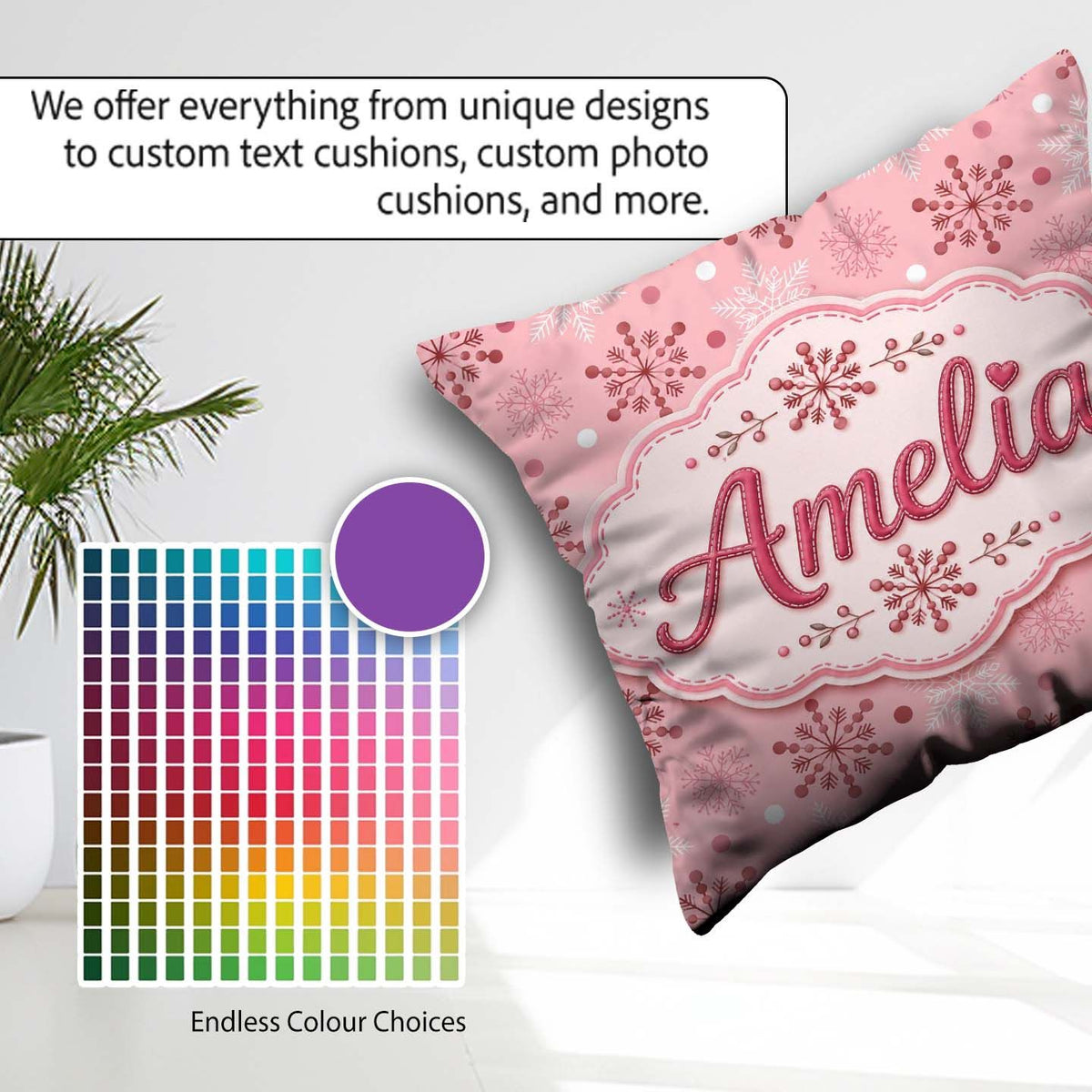 Custom Name Soft Pink Snowflake Dot Winter Seamless Pattern Cute Square Filled Cushion Throw Pillow Sofa Bed Home Decor Zip Washable UK Made