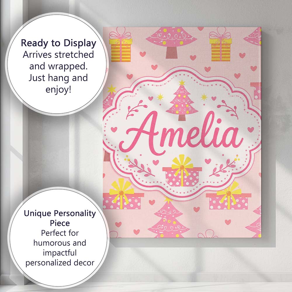 Personalised Name Cute Pink Christmas Tree Custom Unique Gift Idea Elegant Feature Canvas Wall Art Print Decor Picture Ready to Hang