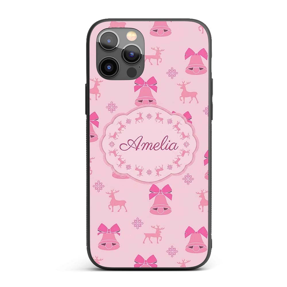 Minimal Pink Bell Bow Reindeer Winter Seamless Custom Name Protective Phone Case Mobile Cover Durable Everyday Smartphone Shock Resistant