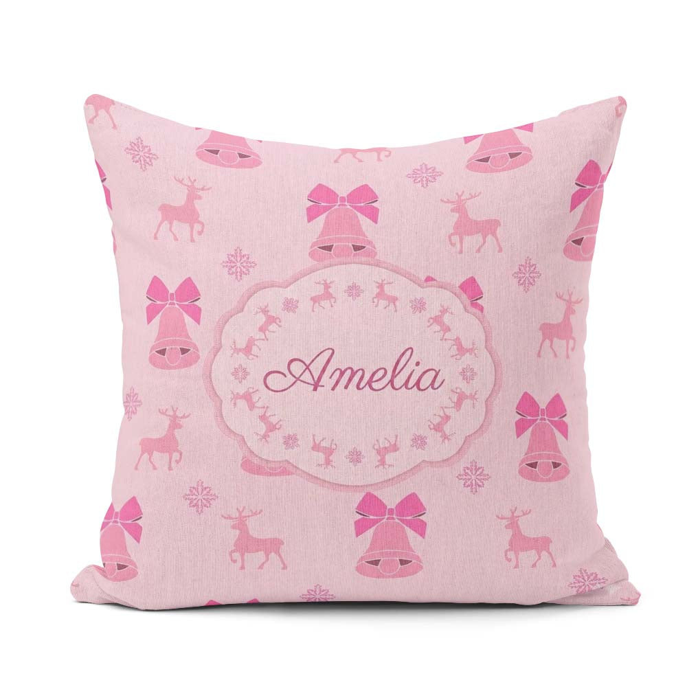Custom Name Minimal Pink Bell Bow Reindeer Winter Pattern Lovely Square Filled Cushion Throw Pillow Sofa Bed Home Decor Zip Washable UK Made