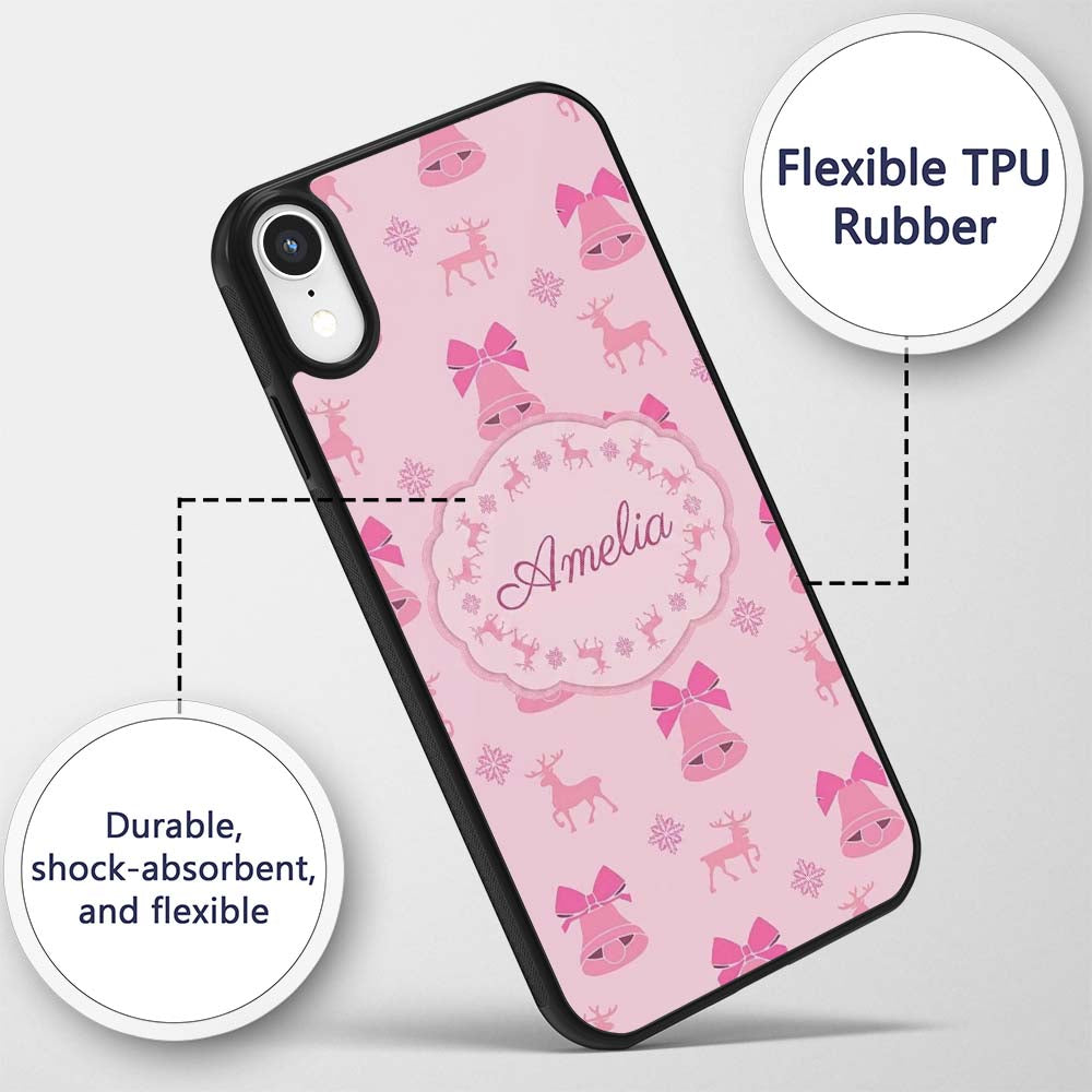 Minimal Pink Bell Bow Reindeer Winter Seamless Custom Name Protective Phone Case Mobile Cover Durable Everyday Smartphone Shock Resistant