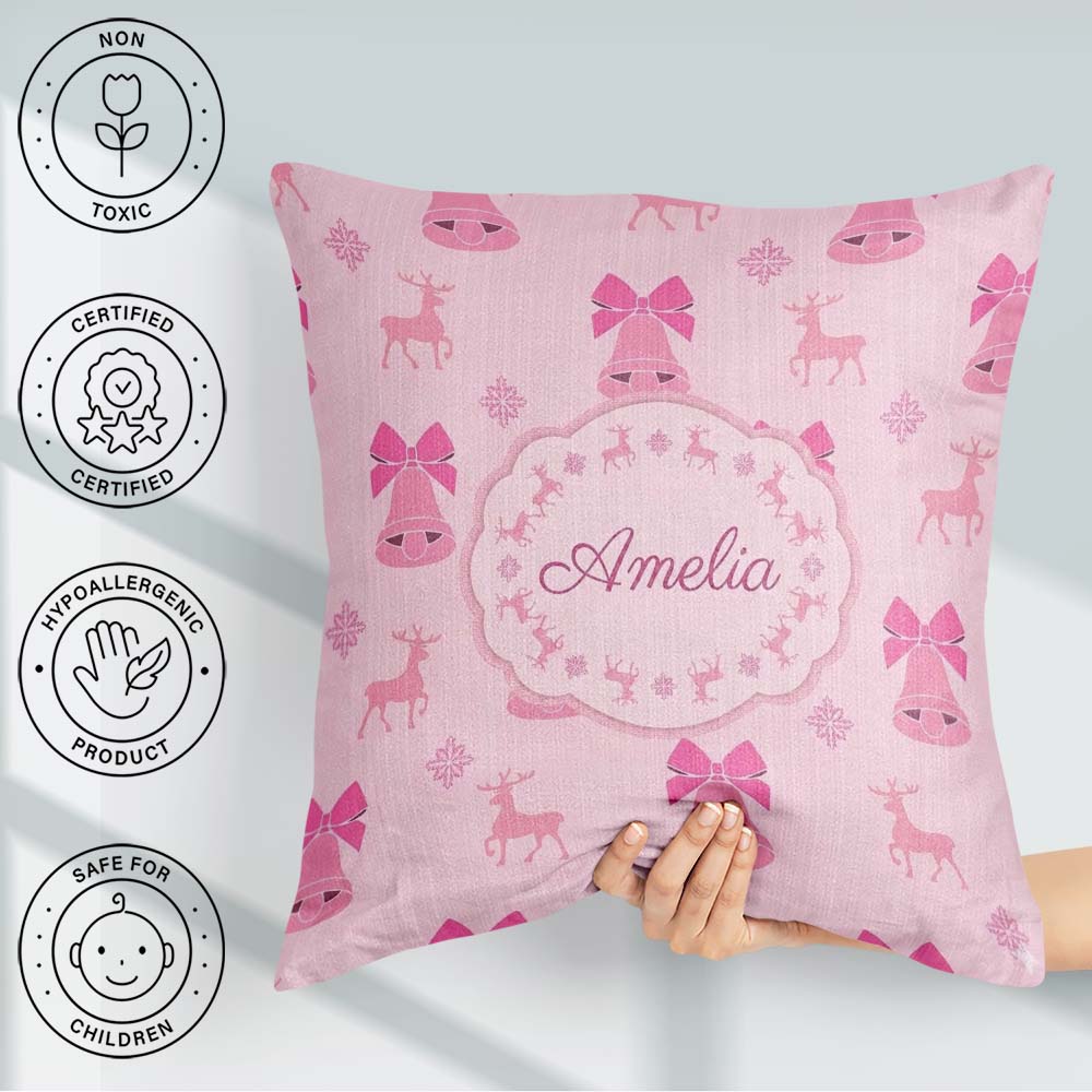 Custom Name Minimal Pink Bell Bow Reindeer Winter Pattern Lovely Square Filled Cushion Throw Pillow Sofa Bed Home Decor Zip Washable UK Made