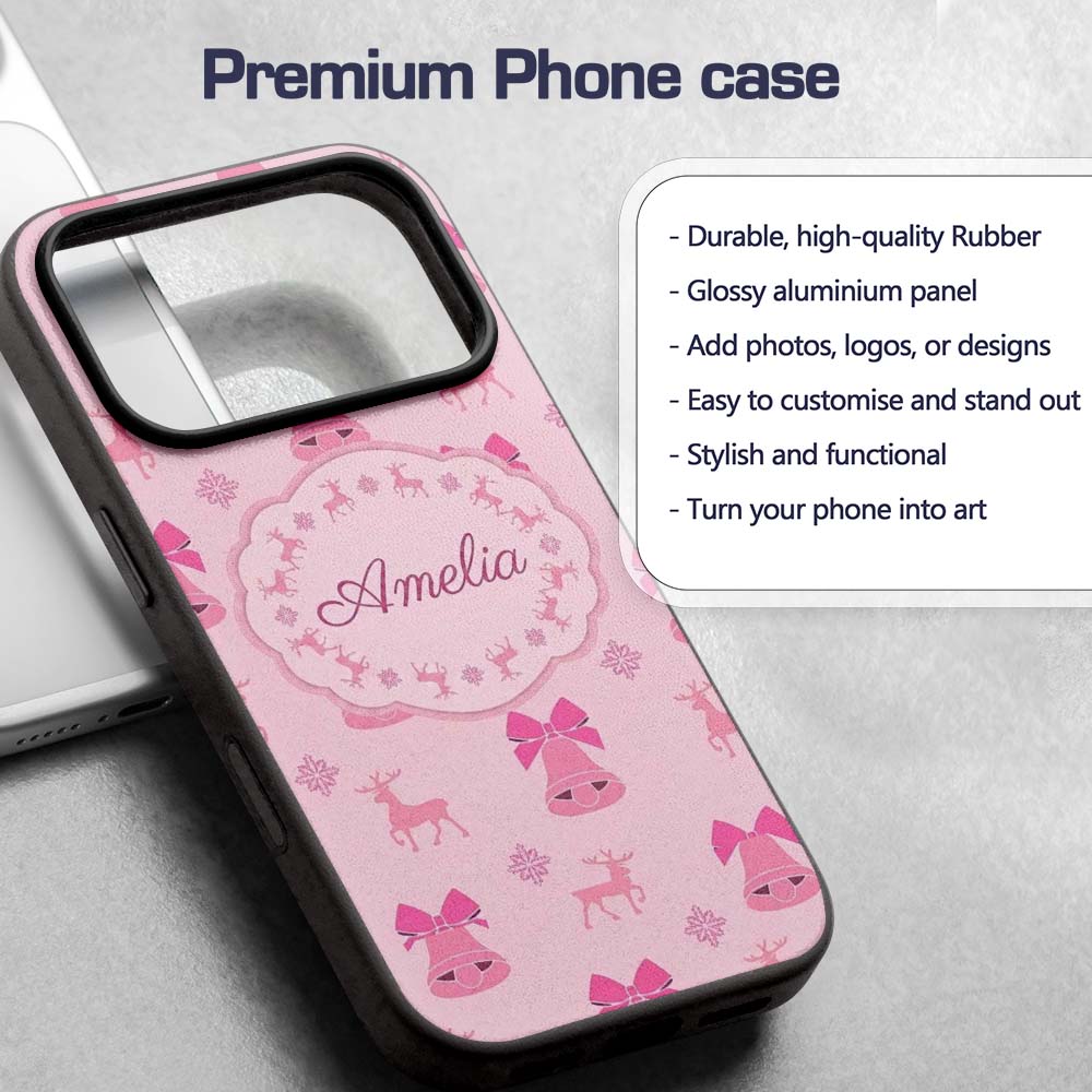 Minimal Pink Bell Bow Reindeer Winter Seamless Custom Name Protective Phone Case Mobile Cover Durable Everyday Smartphone Shock Resistant