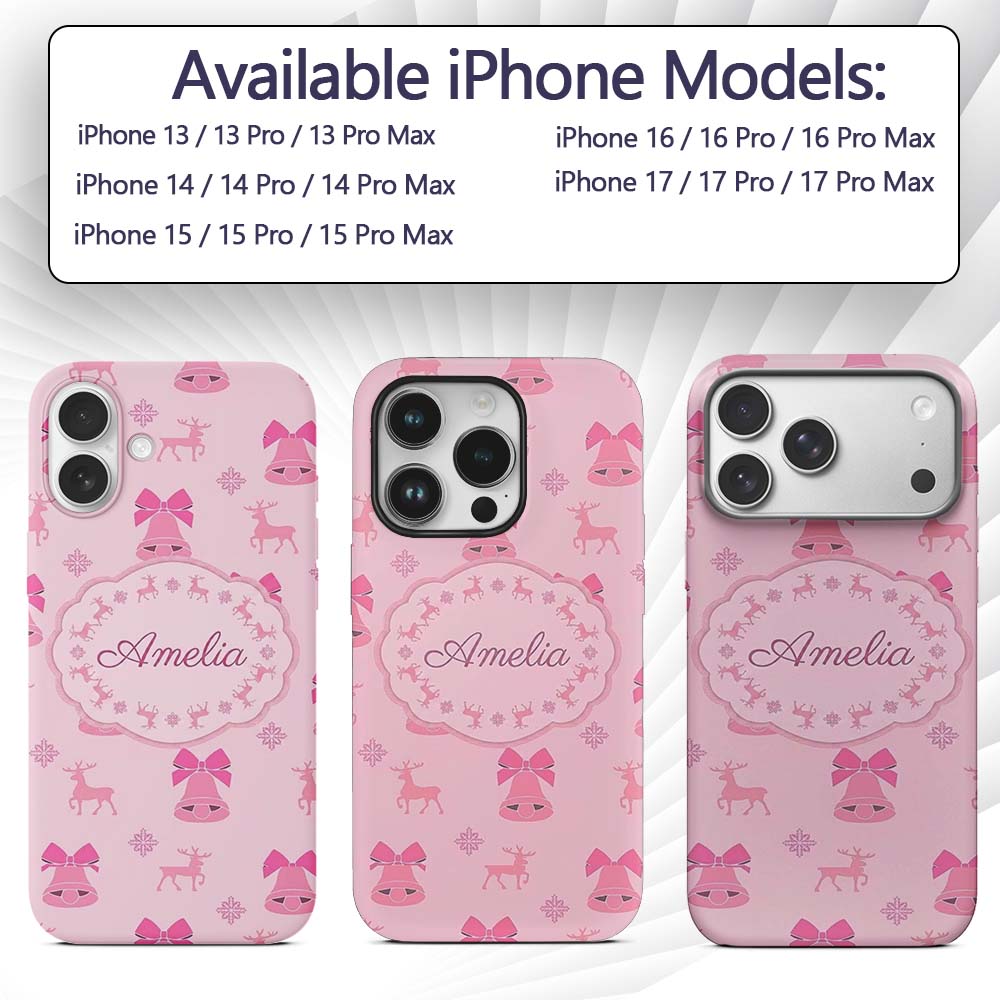 Minimal Pink Bell Bow Reindeer Winter Seamless Custom Name Protective Phone Case Mobile Cover Durable Everyday Smartphone Shock Resistant