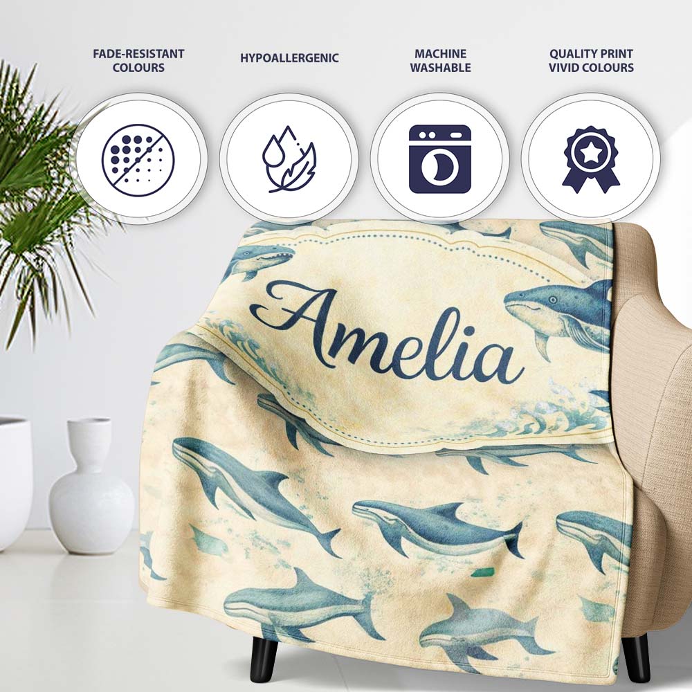 Vintage Blue Whale Seamless Pattern Beige Ocean Animal Design Lovely Personalised Custom Name Super Soft Fleece Blanket Bed Sofa Throw