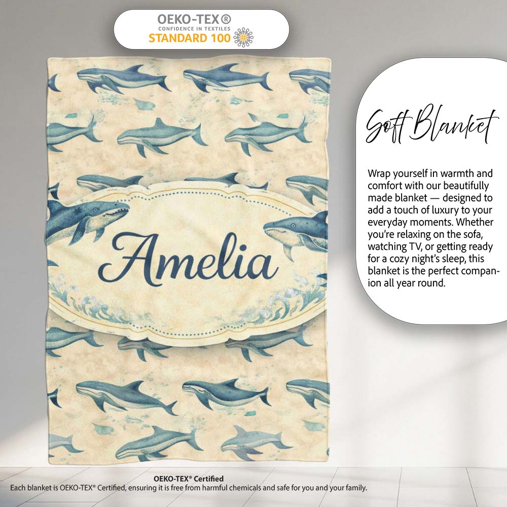 Vintage Blue Whale Seamless Pattern Beige Ocean Animal Design Lovely Personalised Custom Name Super Soft Fleece Blanket Bed Sofa Throw