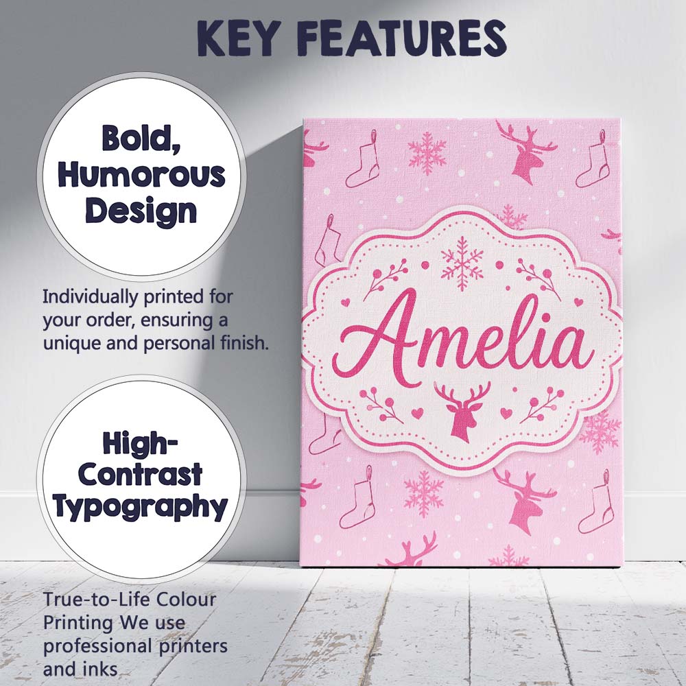 Personalised Name Pink Reindeer Snowflake Custom Unique Gift Idea Elegant Feature Canvas Wall Art Print Decor Picture Ready to Hang