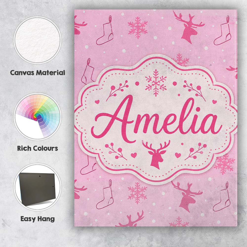 Personalised Name Pink Reindeer Snowflake Custom Unique Gift Idea Elegant Feature Canvas Wall Art Print Decor Picture Ready to Hang