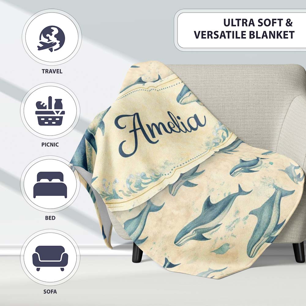 Vintage Blue Whale Seamless Pattern Beige Ocean Animal Design Lovely Personalised Custom Name Super Soft Fleece Blanket Bed Sofa Throw