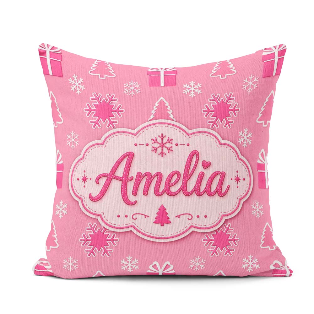 Custom Name Pink Snowflake Tree Minimal Christmas Pattern Lovely Square Filled Cushion Throw Pillow Sofa Bed Home Decor Zip Washable UK Made