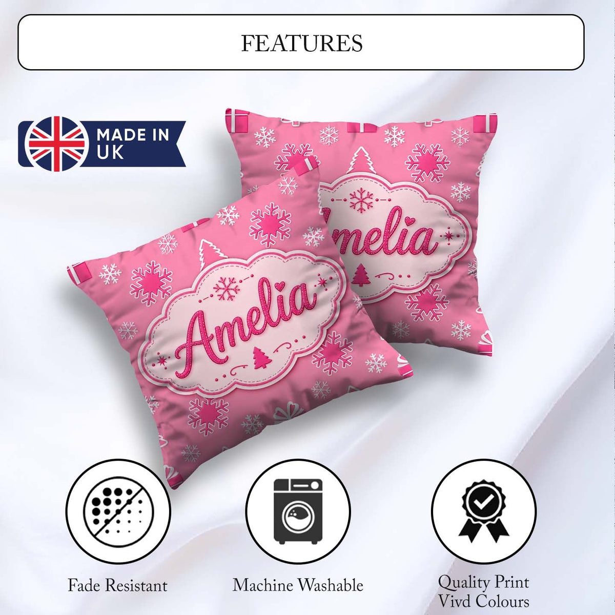 Custom Name Pink Snowflake Tree Minimal Christmas Pattern Lovely Square Filled Cushion Throw Pillow Sofa Bed Home Decor Zip Washable UK Made