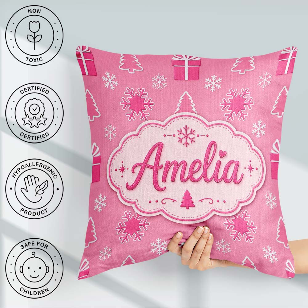 Custom Name Pink Snowflake Tree Minimal Christmas Pattern Lovely Square Filled Cushion Throw Pillow Sofa Bed Home Decor Zip Washable UK Made