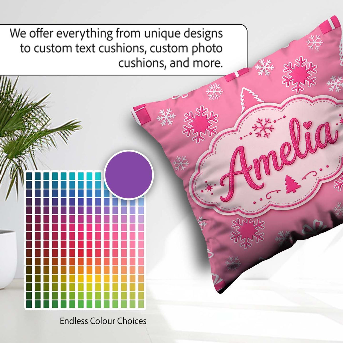 Custom Name Pink Snowflake Tree Minimal Christmas Pattern Lovely Square Filled Cushion Throw Pillow Sofa Bed Home Decor Zip Washable UK Made