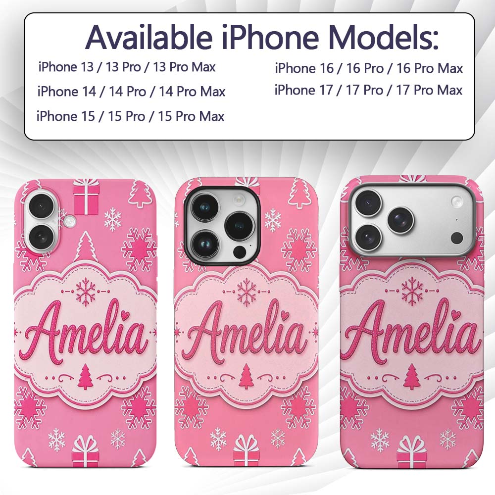 Pink Snowflake Gift Tree Minimal Printed Design Custom Name Protective Phone Case Mobile Cover Durable Everyday Smartphone Shock Resistant