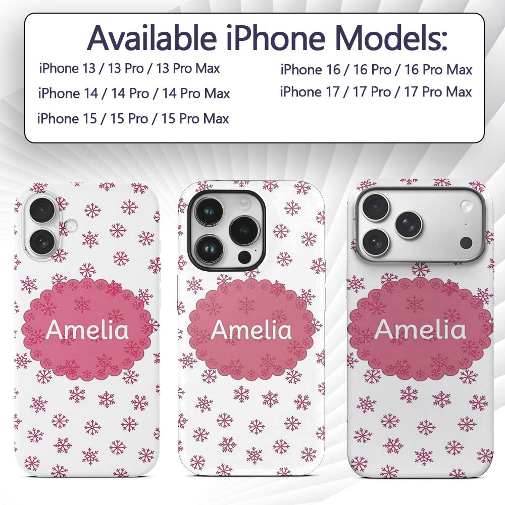 Simple Pink Snowflake Polka Dot Winter Seamless Custom Name Protective Phone Case Mobile Cover Durable Everyday Smartphone Shock Resistant