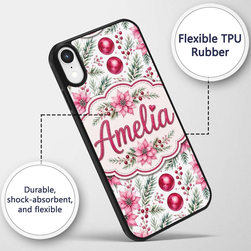 Watercolor Poinsettia Berry Pine Printed Design Custom Name Protective Phone Case Mobile Cover Durable Everyday Smartphone Shock Resistant