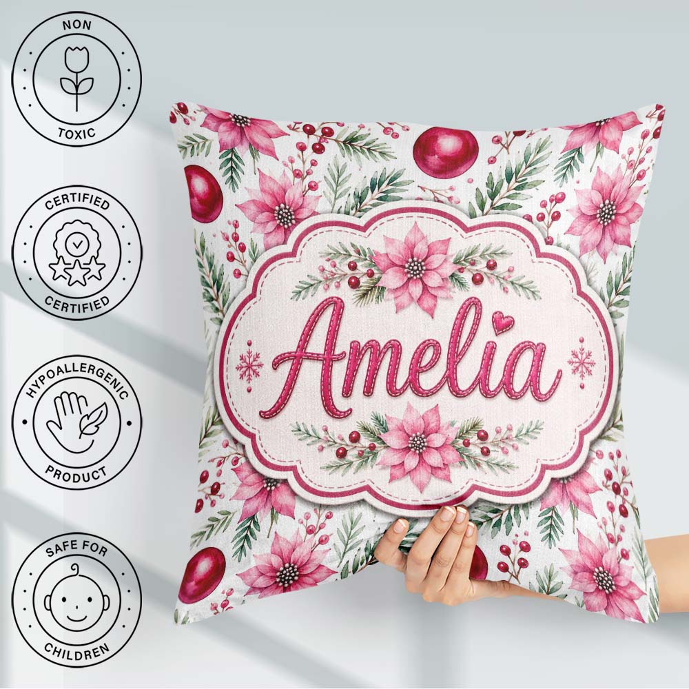 Custom Name Watercolor Poinsettia Berry Pine Christmas Seamless Square Filled Cushion Throw Pillow Sofa Bed Home Decor Zip Washable UK Made