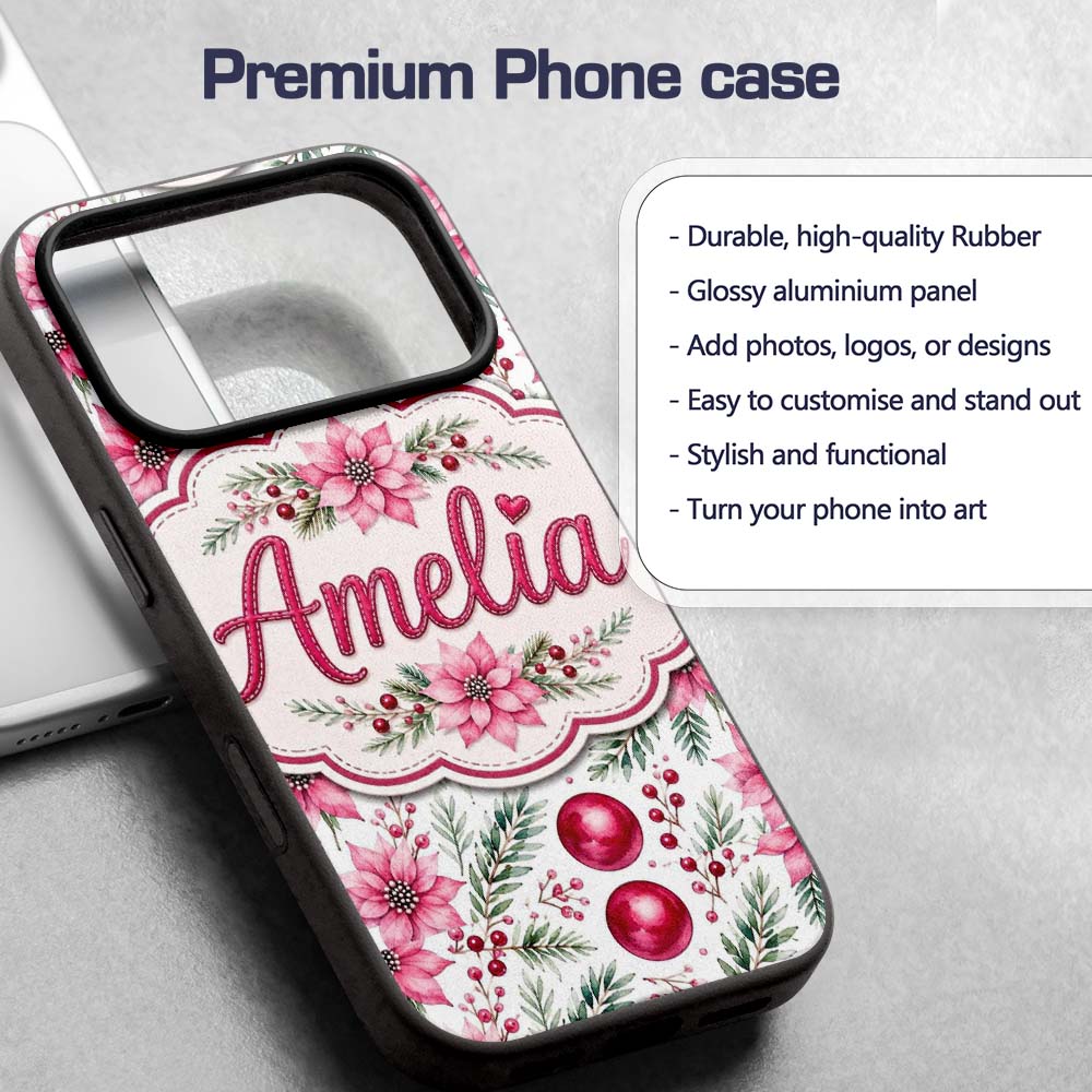 Watercolor Poinsettia Berry Pine Printed Design Custom Name Protective Phone Case Mobile Cover Durable Everyday Smartphone Shock Resistant