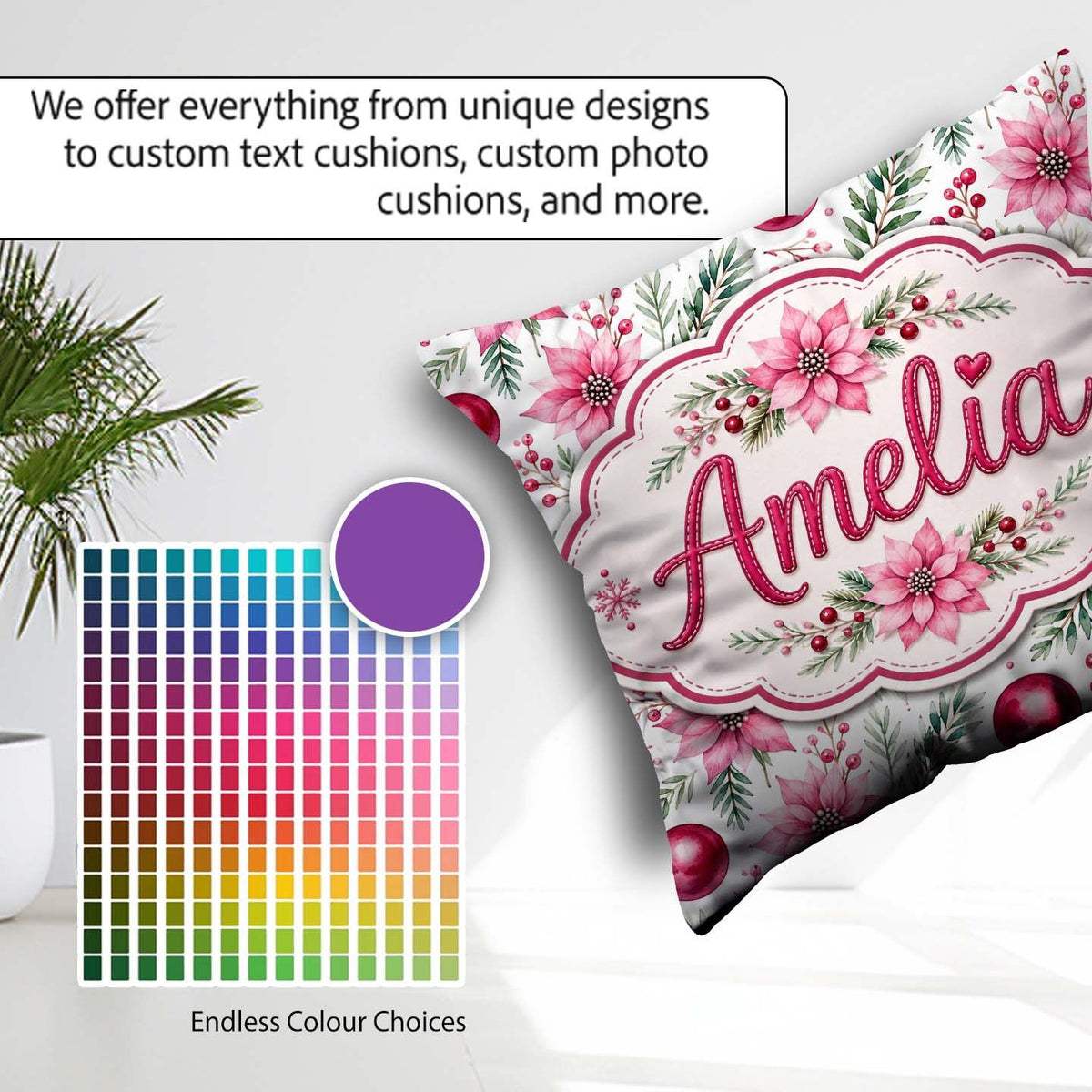Custom Name Watercolor Poinsettia Berry Pine Christmas Seamless Square Filled Cushion Throw Pillow Sofa Bed Home Decor Zip Washable UK Made