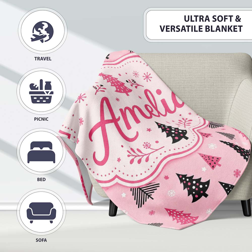 Pink Black Christmas Tree Snowflake Seamless Pattern Lovely Personalised Custom Name Super Soft Fleece Blanket Bed Sofa Throw