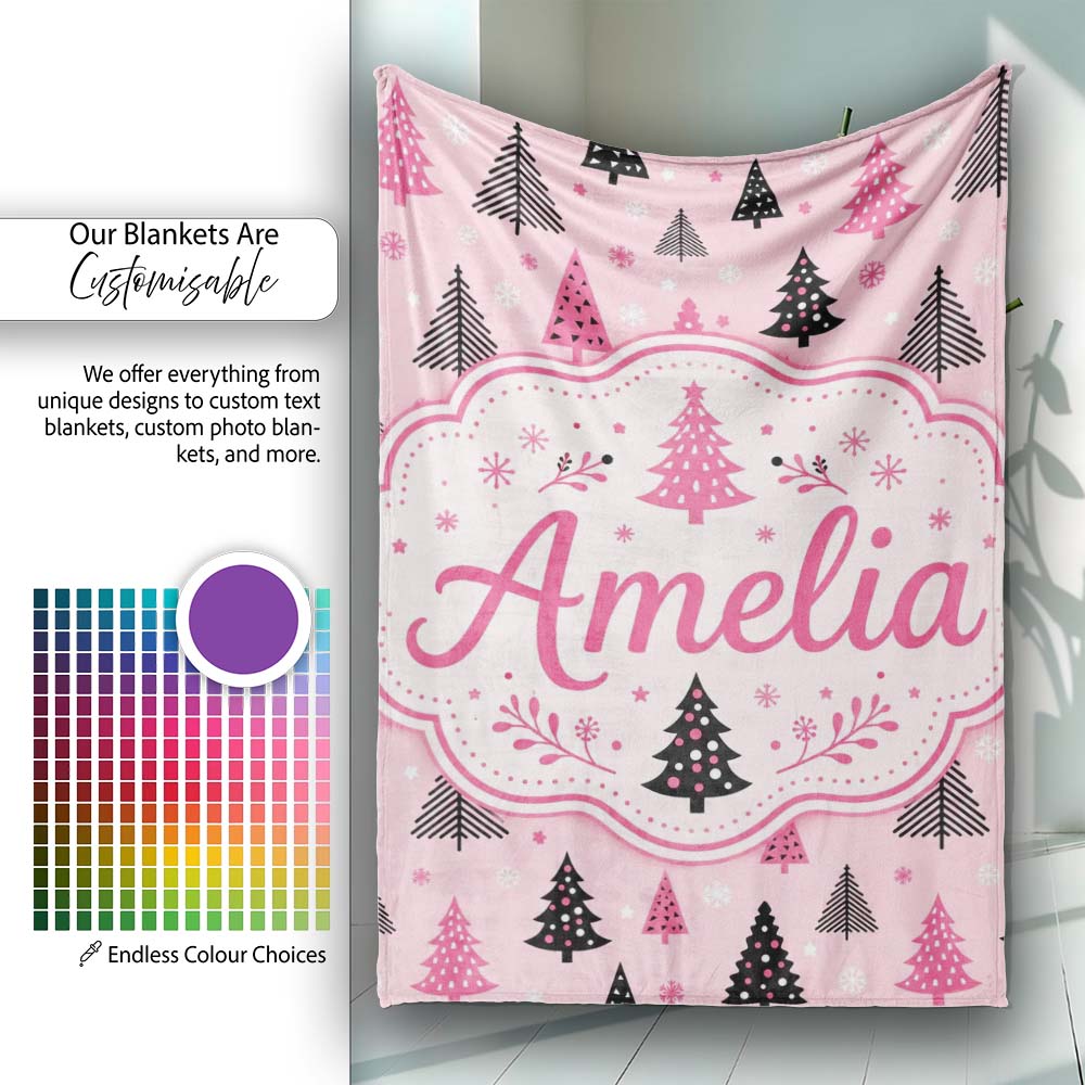 Pink Black Christmas Tree Snowflake Seamless Pattern Lovely Personalised Custom Name Super Soft Fleece Blanket Bed Sofa Throw