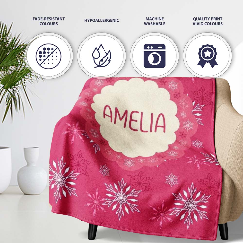 Elegant Red Snowflake Winter Holiday Seamless Pattern Lovely Personalised Custom Name Super Soft Fleece Blanket Bed Sofa Throw