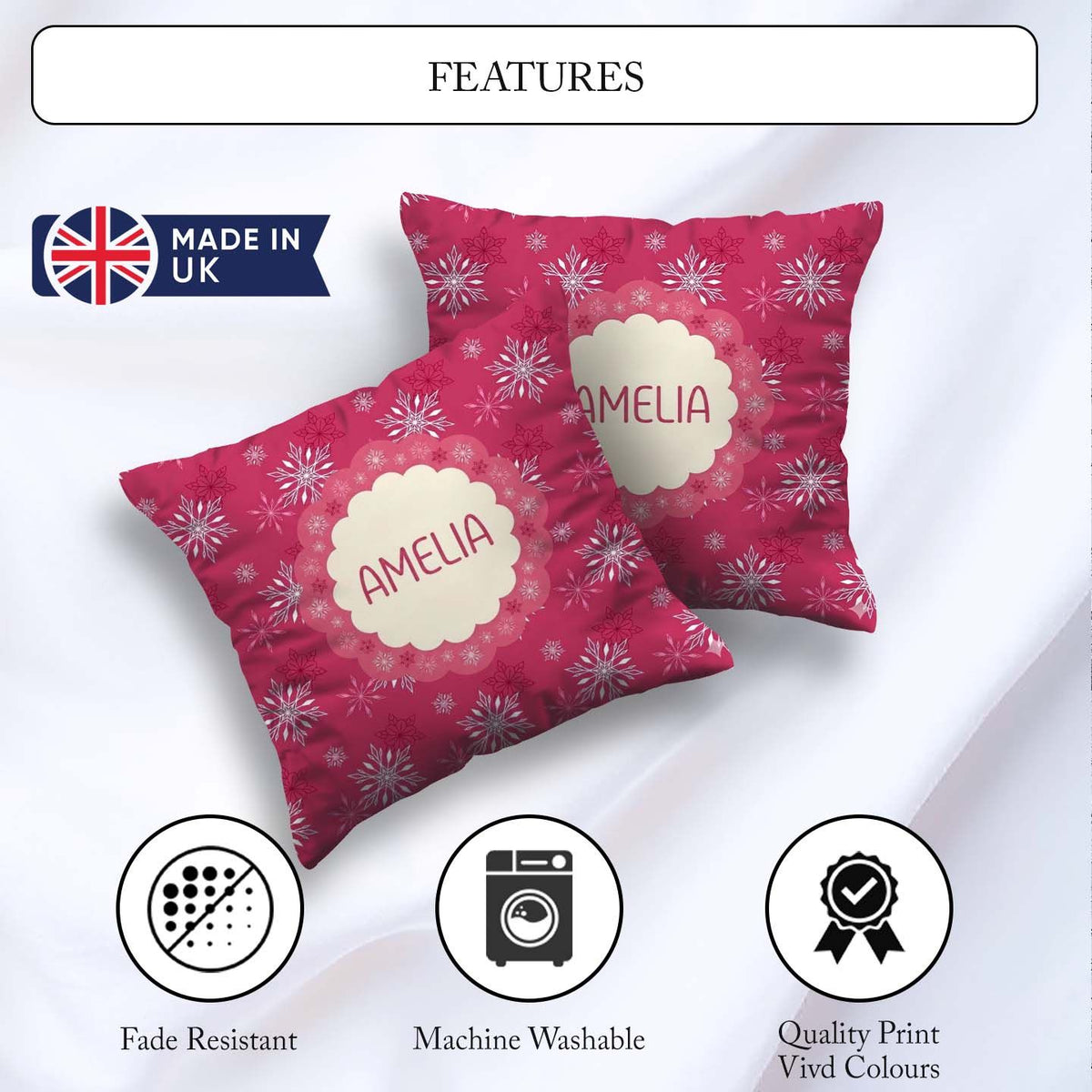 Custom Name Elegant Red Snowflake Winter Holiday Seamless Lovely Square Filled Cushion Throw Pillow Sofa Bed Home Decor Zip Washable UK Made
