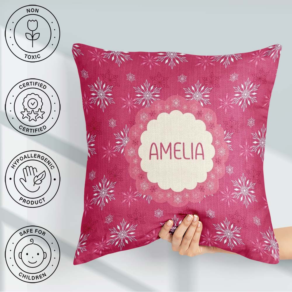 Custom Name Elegant Red Snowflake Winter Holiday Seamless Lovely Square Filled Cushion Throw Pillow Sofa Bed Home Decor Zip Washable UK Made