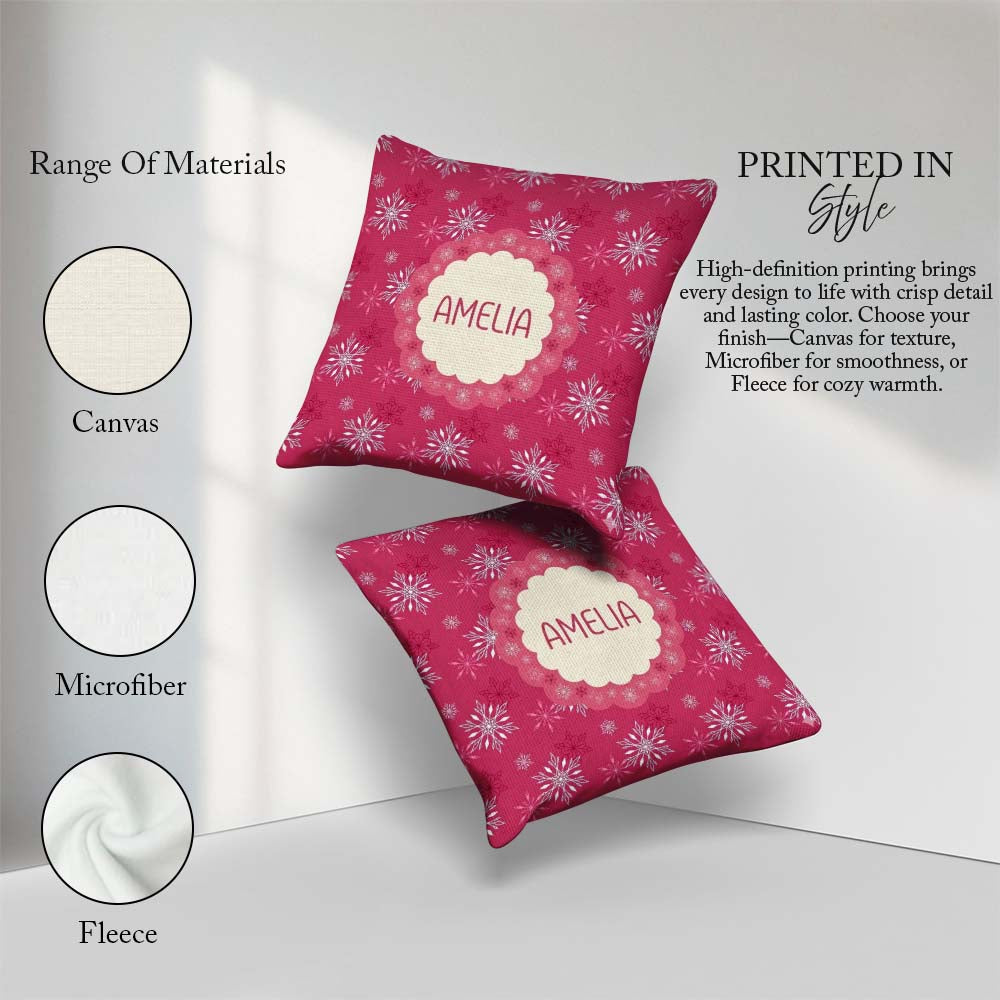 Custom Name Elegant Red Snowflake Winter Holiday Seamless Lovely Square Filled Cushion Throw Pillow Sofa Bed Home Decor Zip Washable UK Made