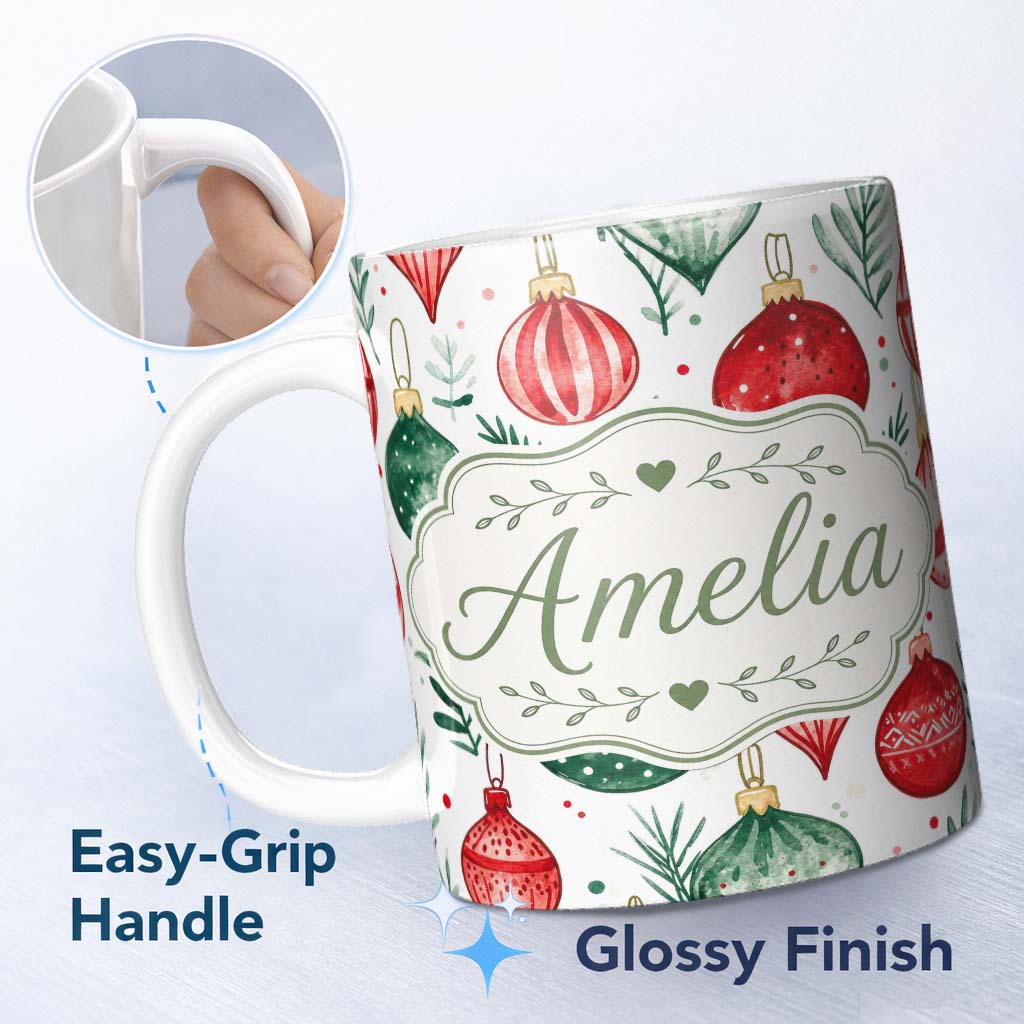 Personalized Custom Name Festive Christmas Baubles and Foliage Watercolor Seamless Pattern 11oz Ceramic Coffee Tea Mug White Large Handle