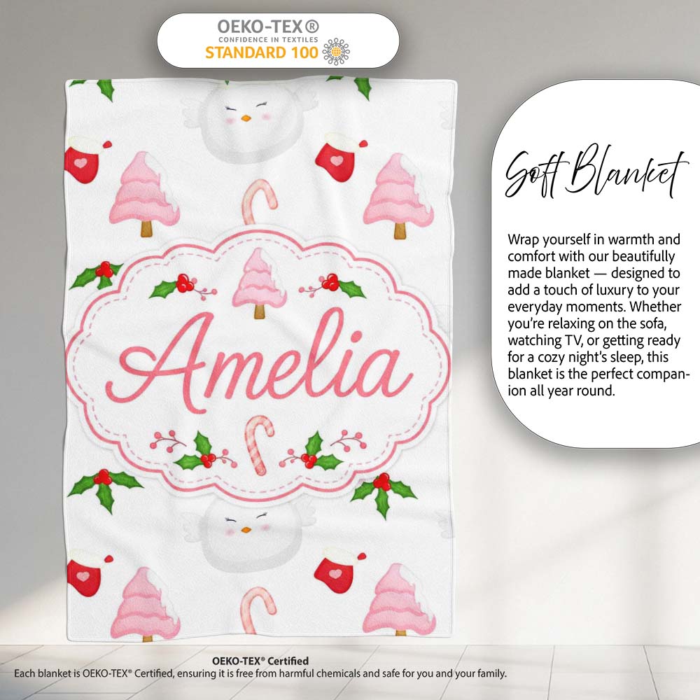 Cute Christmas Dove Holly Candy Cane Seamless Pattern Lovely Personalised Custom Name Super Soft Fleece Blanket Bed Sofa Throw