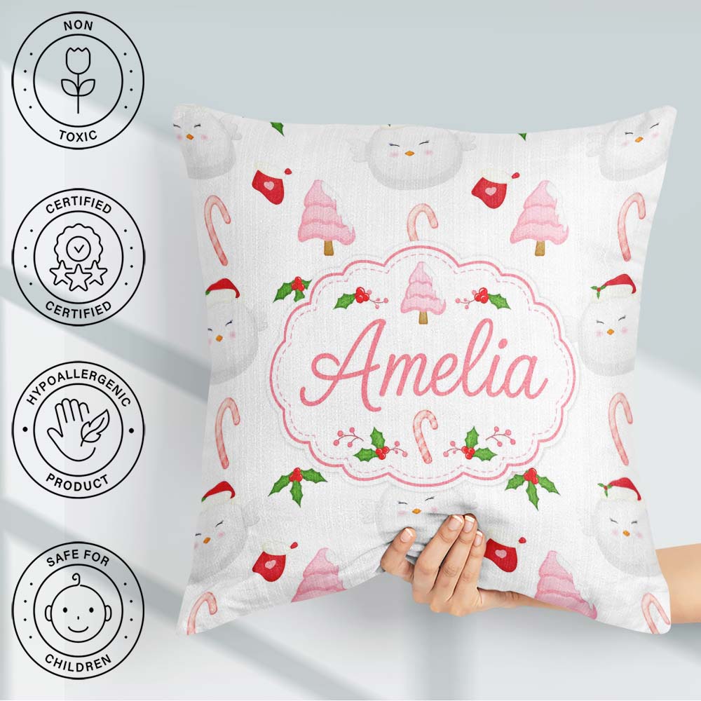 Custom Name Christmas Dove Holly Candy Cane Seamless Pattern Square Filled Cushion Throw Pillow Sofa Bed Home Decor Zip Washable UK Made
