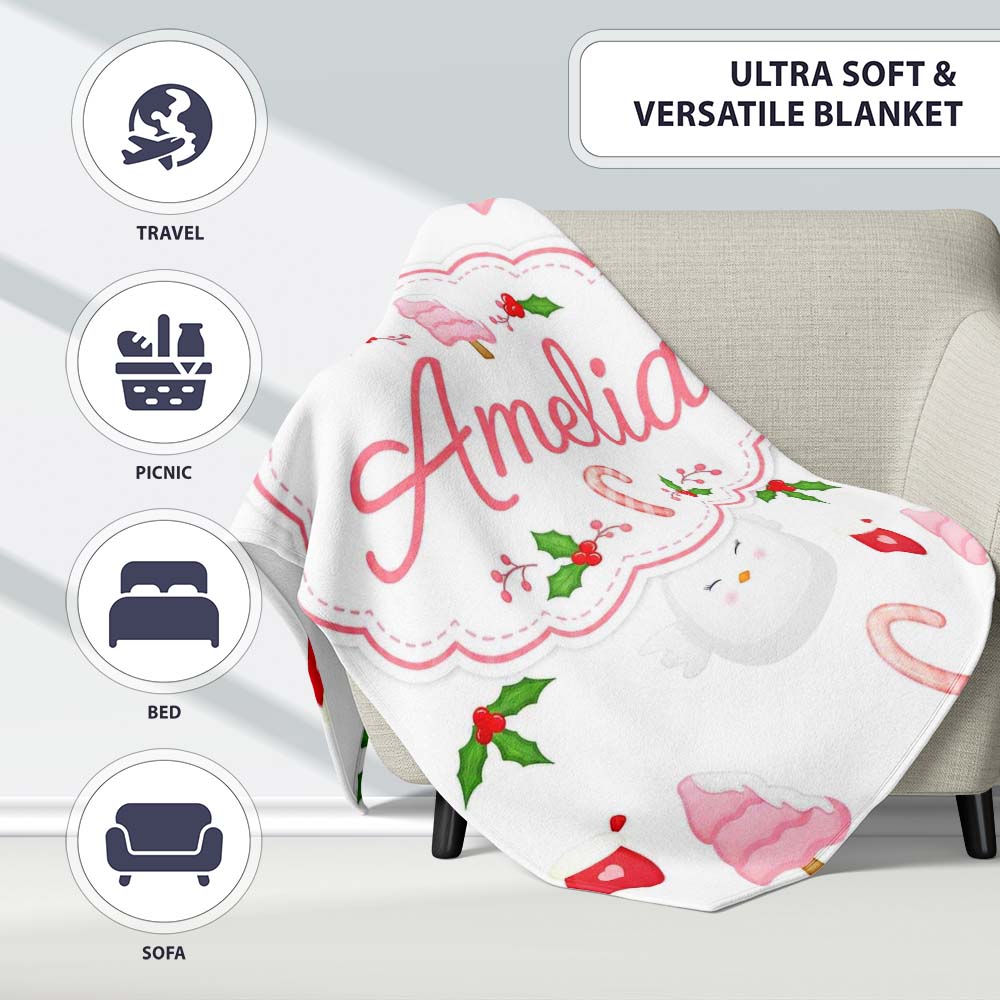 Cute Christmas Dove Holly Candy Cane Seamless Pattern Lovely Personalised Custom Name Super Soft Fleece Blanket Bed Sofa Throw