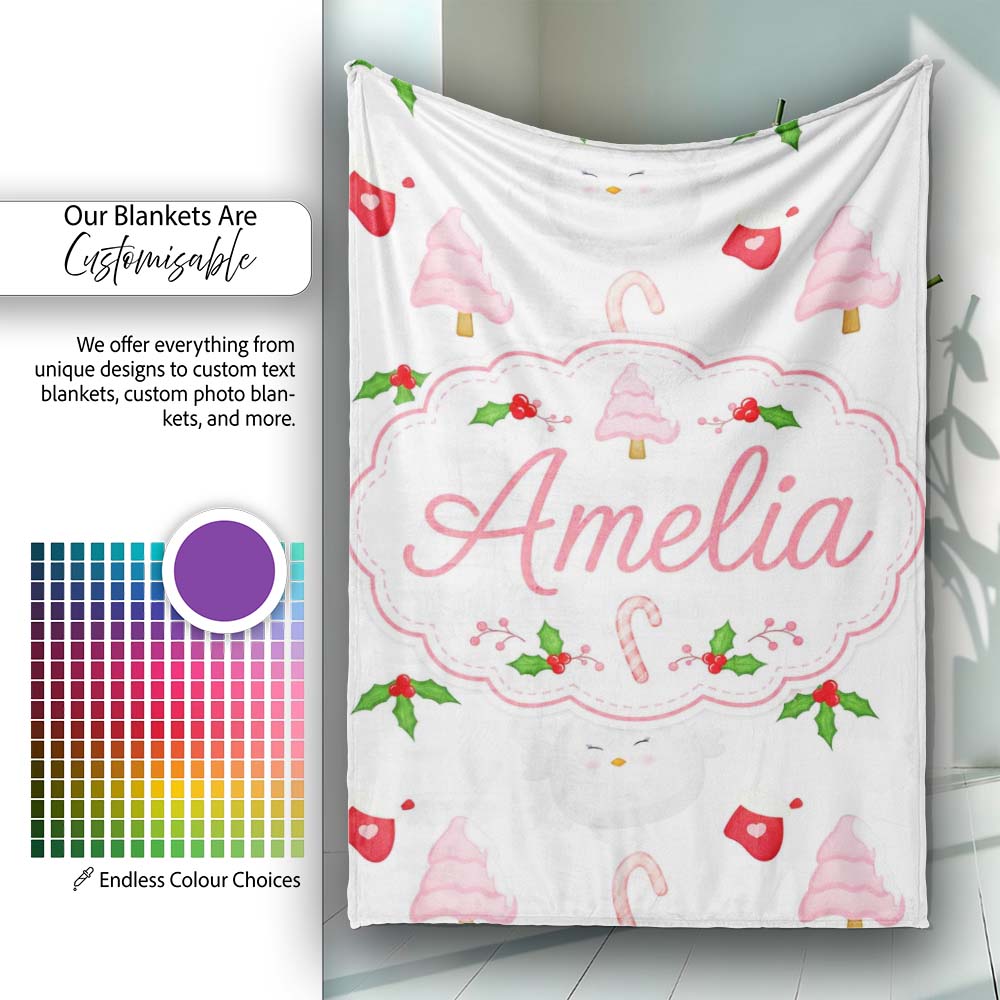 Cute Christmas Dove Holly Candy Cane Seamless Pattern Lovely Personalised Custom Name Super Soft Fleece Blanket Bed Sofa Throw