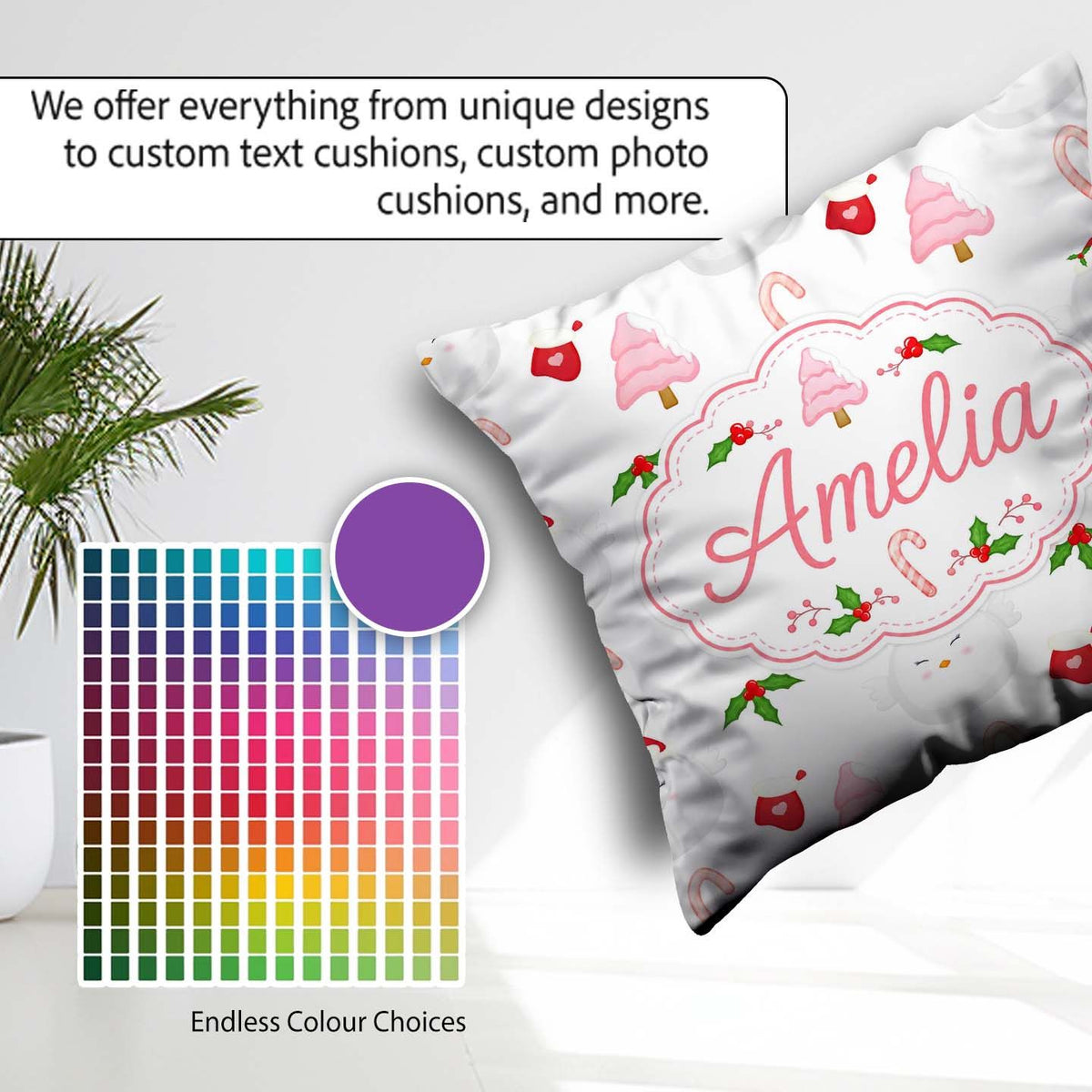 Custom Name Christmas Dove Holly Candy Cane Seamless Pattern Square Filled Cushion Throw Pillow Sofa Bed Home Decor Zip Washable UK Made