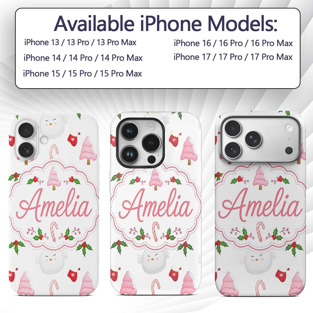Cute Christmas Dove Holly Candy Cane Seamless Custom Name Protective Phone Case Mobile Cover Durable Everyday Smartphone Shock Resistant