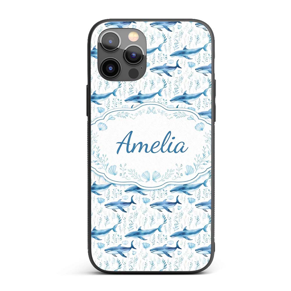 Watercolor Blue Dolphin Seaweed Seamless Pattern Custom Name Protective Phone Case Mobile Cover Durable Everyday Smartphone Shock Resistant