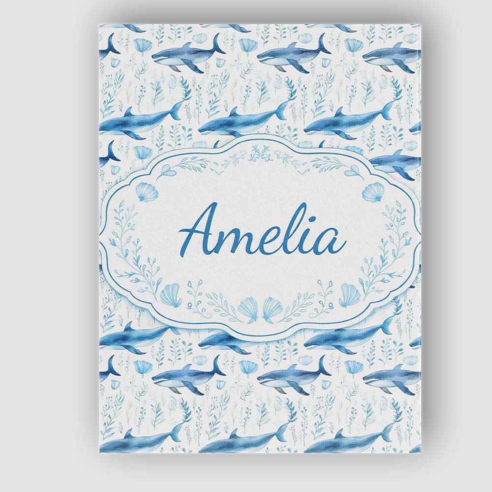 Personalised Name Watercolor Blue Dolphin Seaweed Seamless Pattern Custom Unique Canvas Wall Art Print Decor Picture Ready to Hang