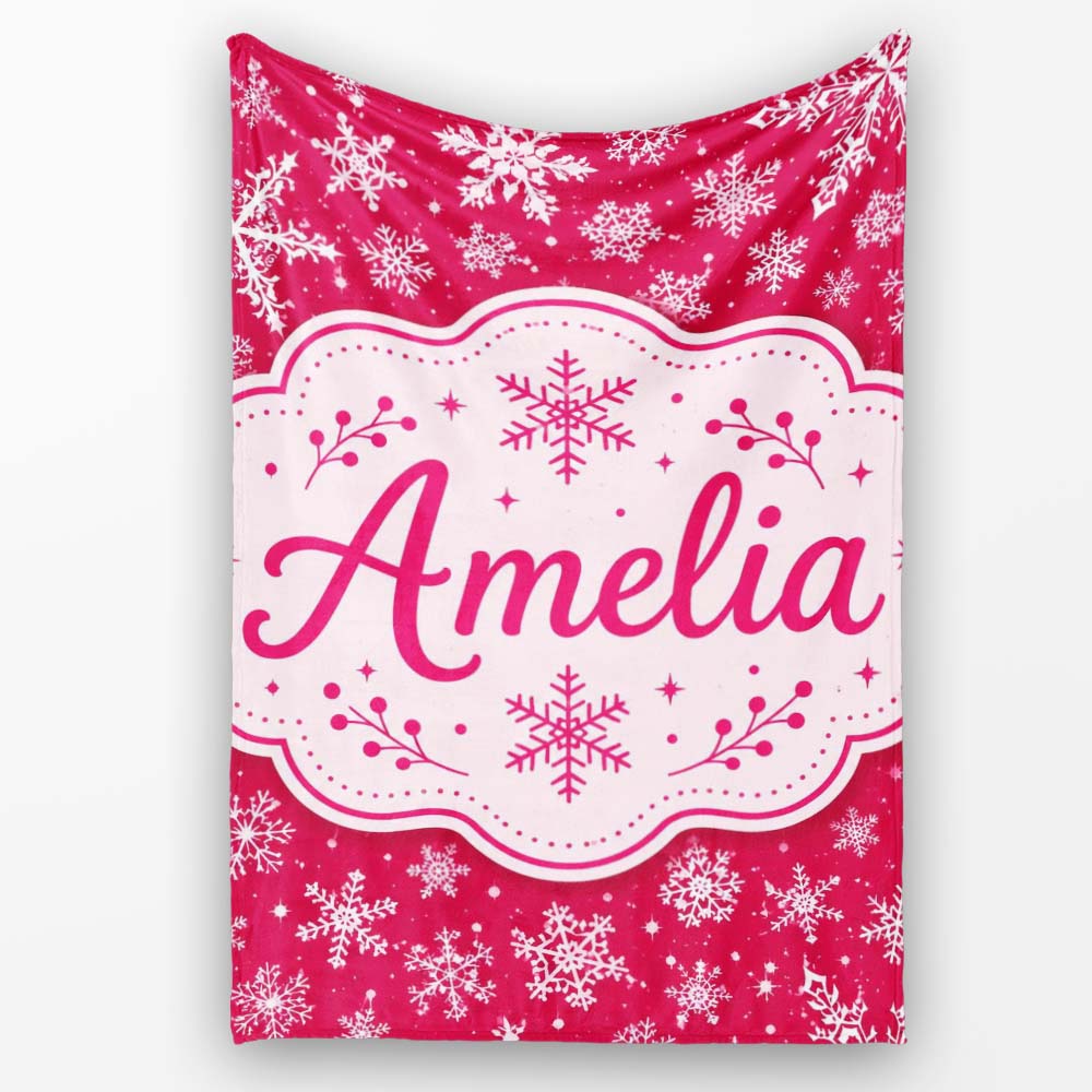 Elegant White Snowflake Red Background Winter Seamless Pattern Personalised Custom Name Super Soft Fleece Blanket Bed Sofa Throw