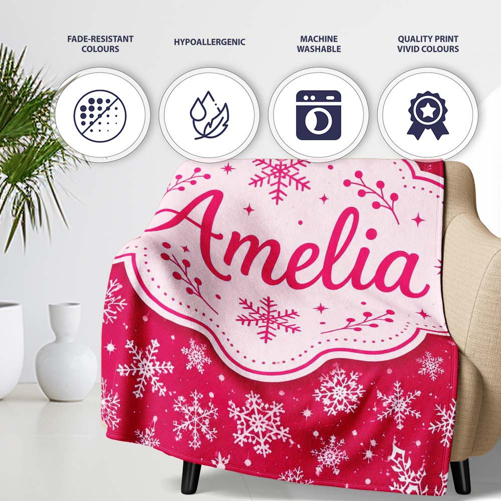 Elegant White Snowflake Red Background Winter Seamless Pattern Personalised Custom Name Super Soft Fleece Blanket Bed Sofa Throw