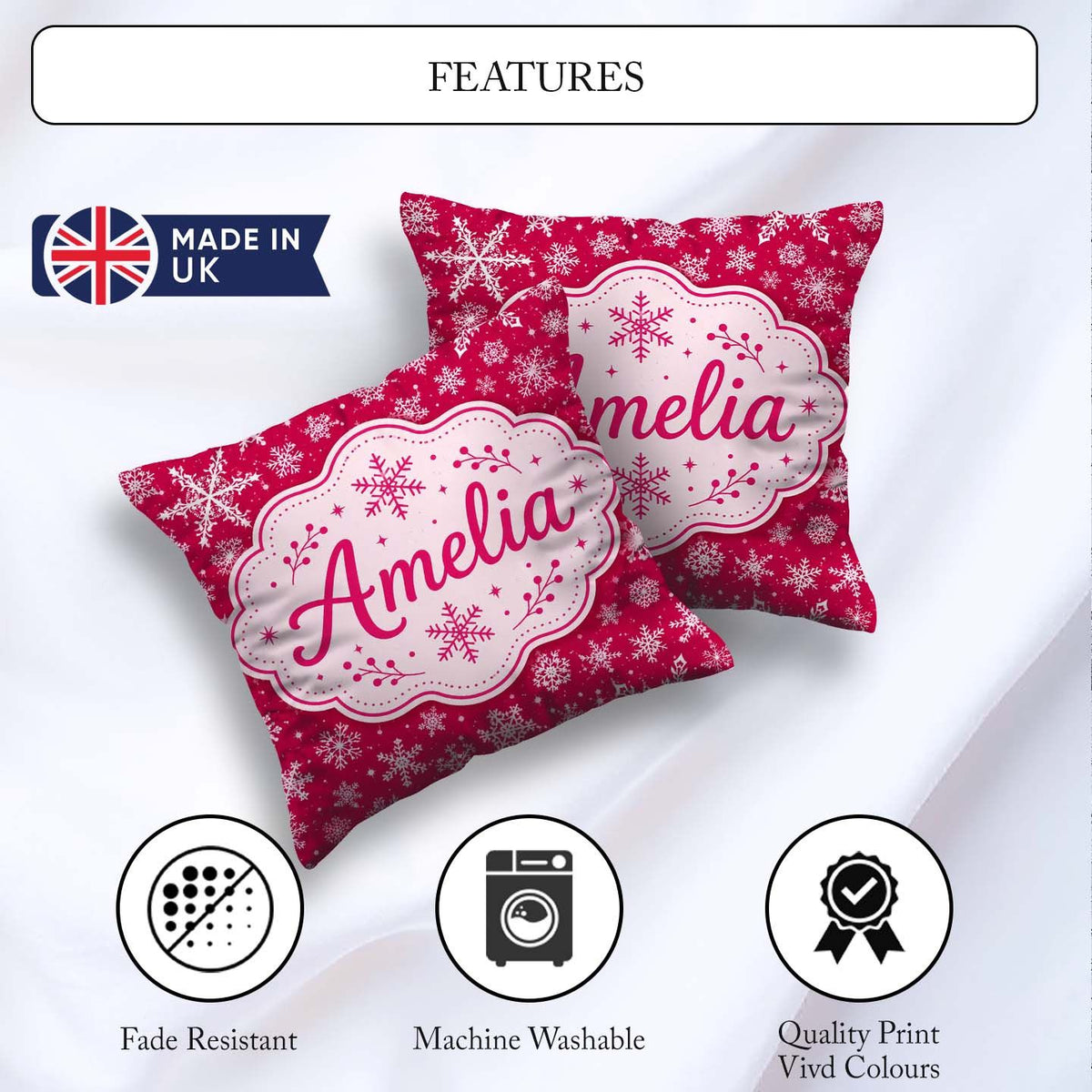 Custom Name Elegant White Red Background Winter Seamless Pattern Square Filled Cushion Throw Pillow Sofa Bed Home Decor Zip Washable UK Made