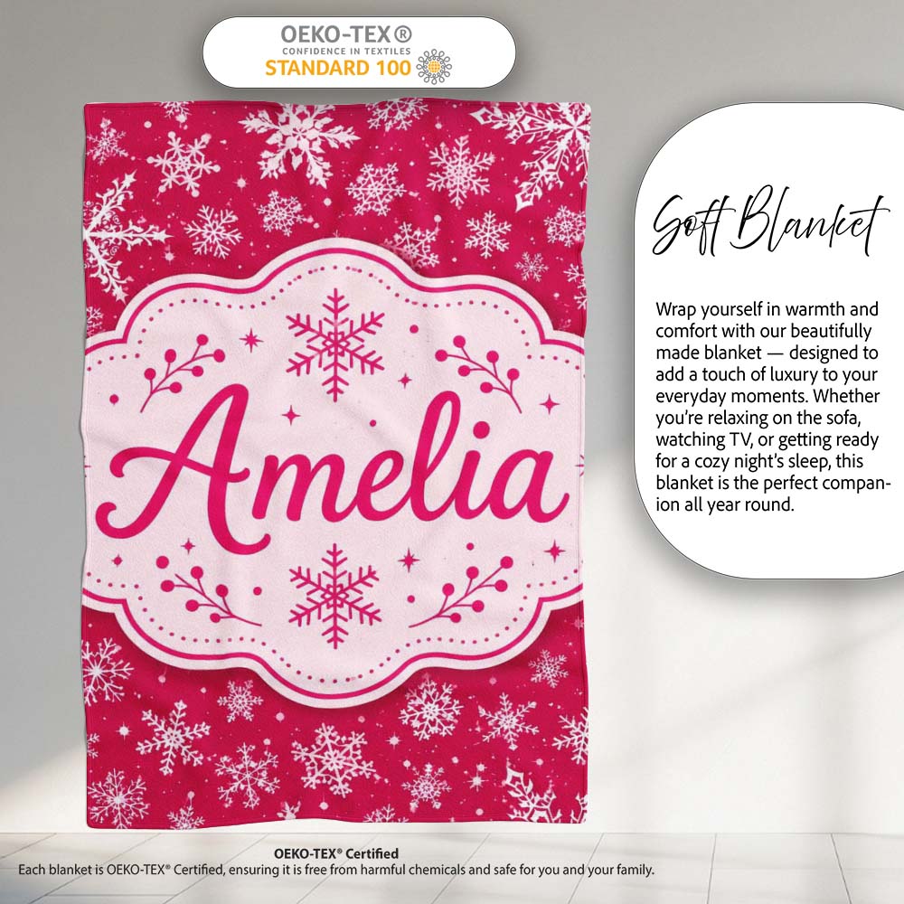 Elegant White Snowflake Red Background Winter Seamless Pattern Personalised Custom Name Super Soft Fleece Blanket Bed Sofa Throw