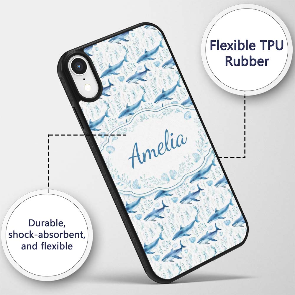 Watercolor Blue Dolphin Seaweed Seamless Pattern Custom Name Protective Phone Case Mobile Cover Durable Everyday Smartphone Shock Resistant