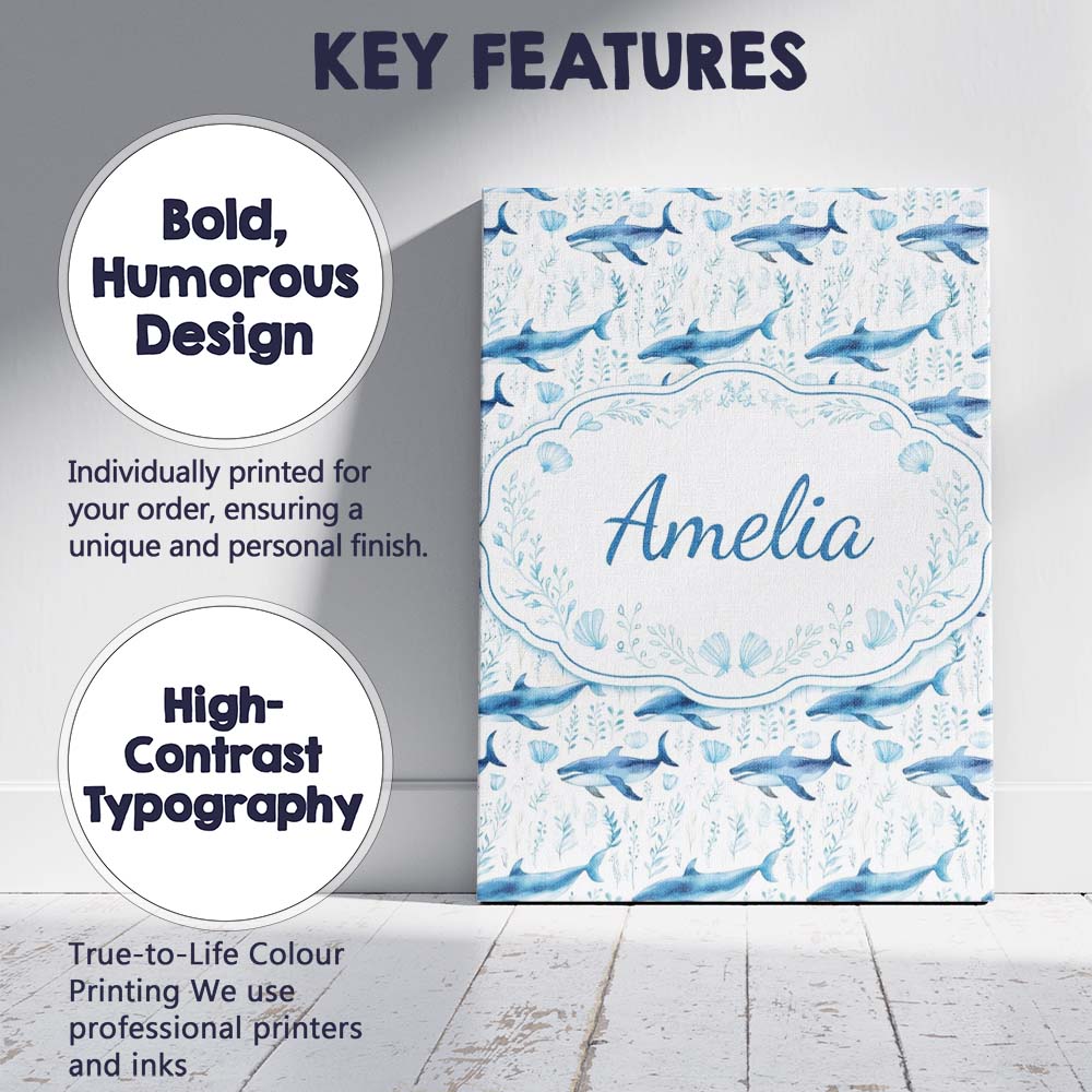 Personalised Name Watercolor Blue Dolphin Seaweed Seamless Pattern Custom Unique Canvas Wall Art Print Decor Picture Ready to Hang