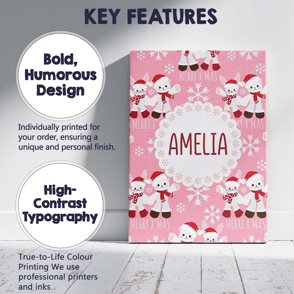 Personalised Name Cute Bunny Bear Merry Custom Modern Room Accent Elegant Feature Canvas Wall Art Print Decor Picture Ready to Hang