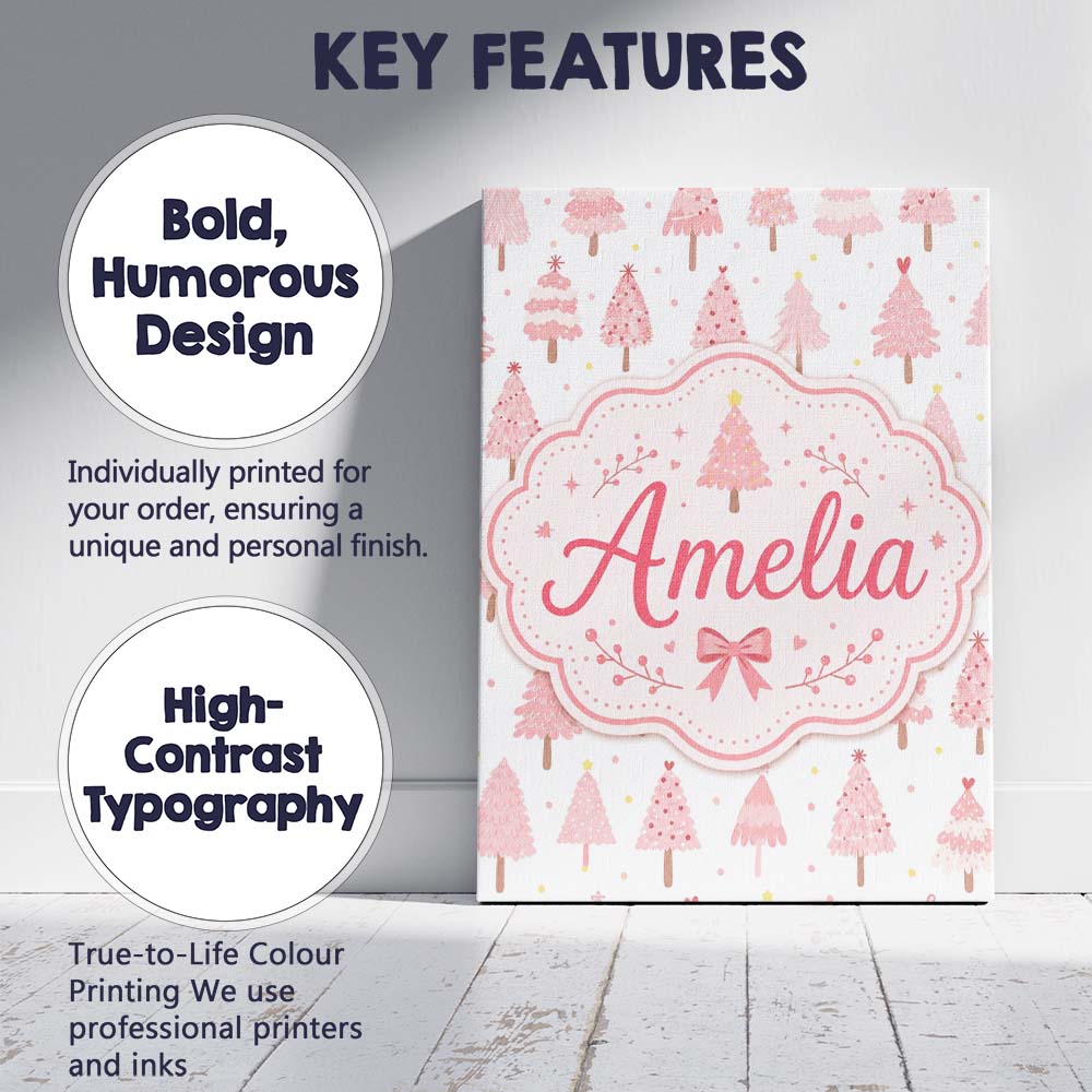 Personalised Name Pink Christmas Tree Custom Modern Room Accent Creative Decorator Style Canvas Wall Art Print Decor Picture Ready to Hang
